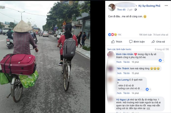 Hình ảnh 2 mẹ con đạp xe lên phố nhập học khiến bao người xúc động