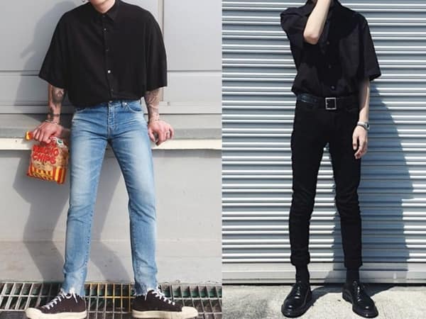 Áo sơ mi đen phối với quần jean