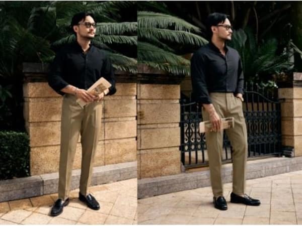 Áo sơ mi đen phối với quần kaki